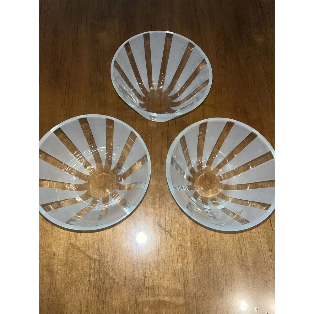 Clear Glass Decorative Bowls with White Frosted Vertical Stripes Set Of 3